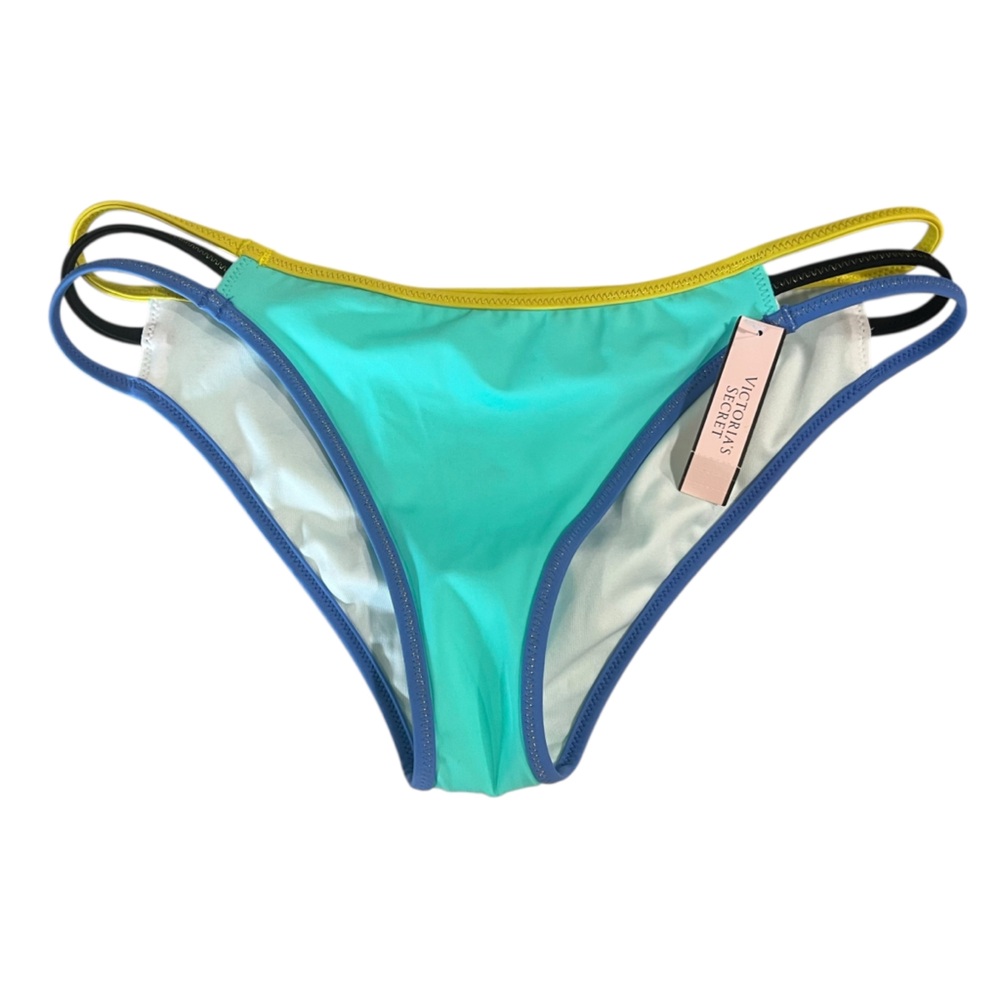 NWT VS Strappy Cheeky Neon Bright Blue Yellow Bikini Bottoms Suit Women Small